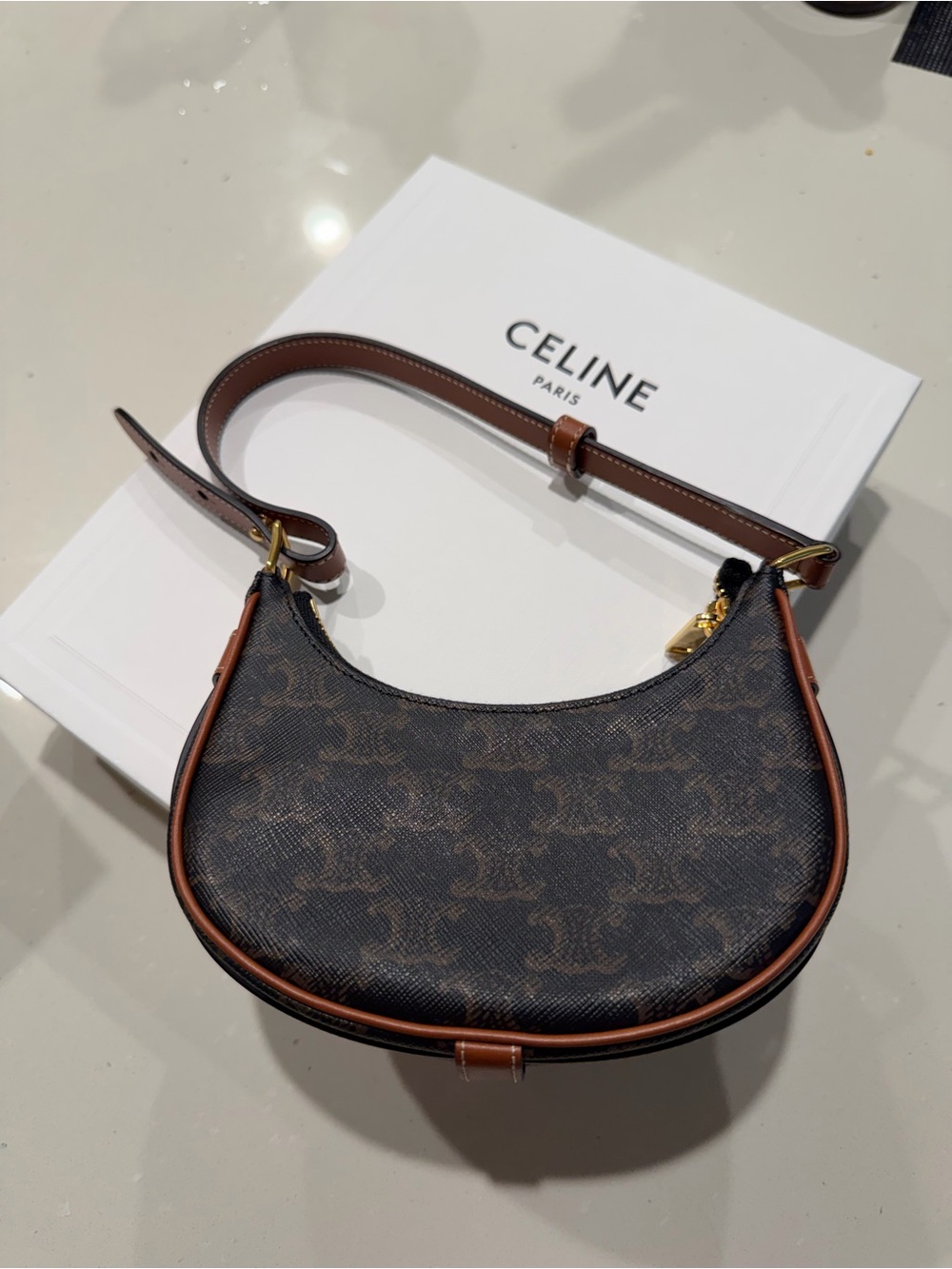 CELINE Canvas Calfskin Mini Ava Triomphe Shoulder Bag Tan
